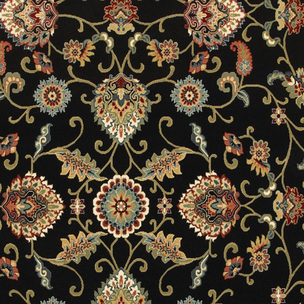 5" X 8" Black Red Green Ivory Salmon And Yellow Floral Power Loom Stain Resistant Area Rug