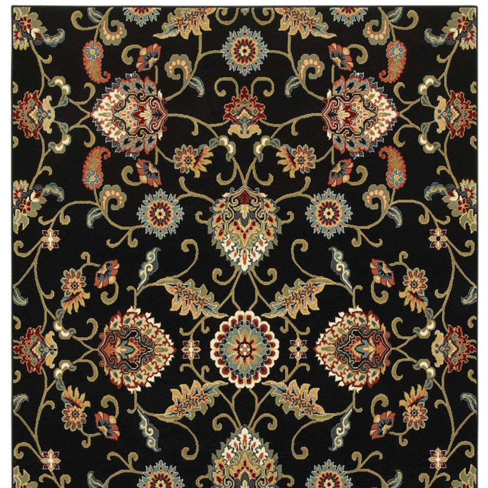 5" X 8" Black Red Green Ivory Salmon And Yellow Floral Power Loom Stain Resistant Area Rug