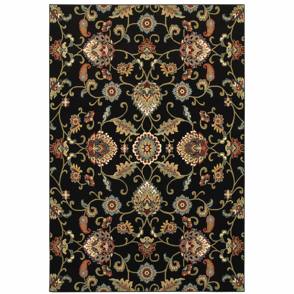 8" X 11" Black Red Green Ivory Salmon And Yellow Floral Power Loom Stain Resistant Area Rug