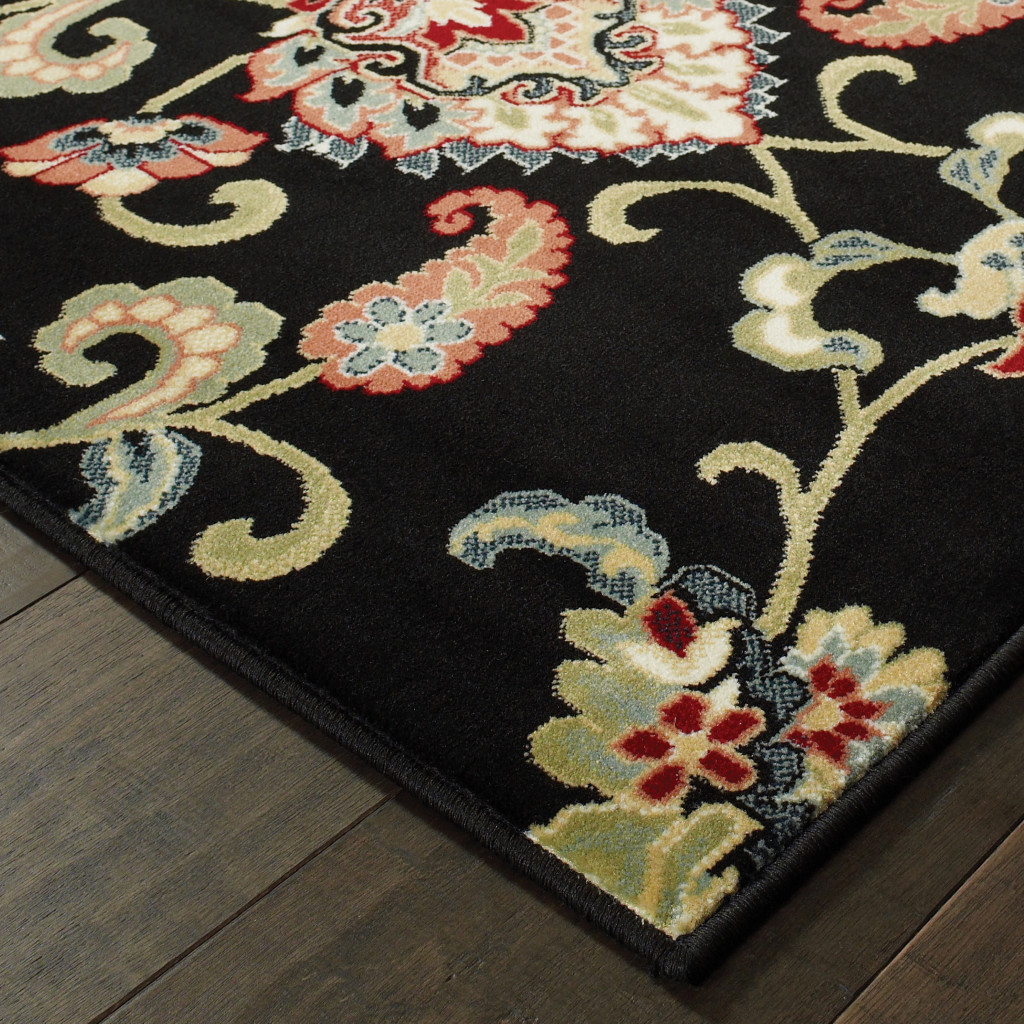 8" X 11" Black Red Green Ivory Salmon And Yellow Floral Power Loom Stain Resistant Area Rug