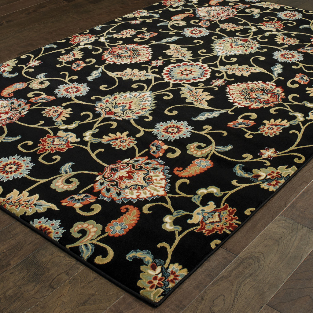 8" X 11" Black Red Green Ivory Salmon And Yellow Floral Power Loom Stain Resistant Area Rug