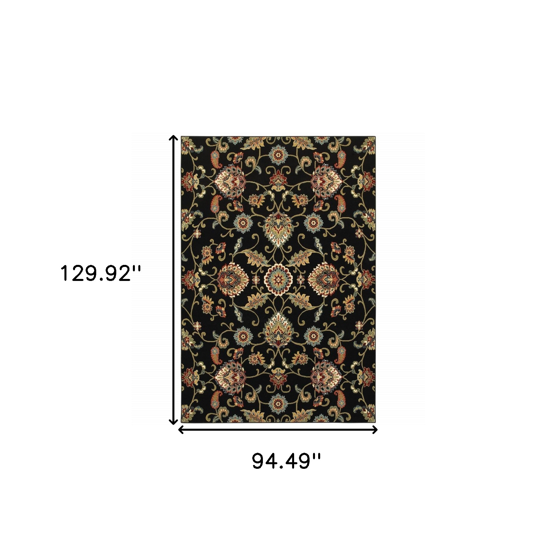 8" X 11" Black Red Green Ivory Salmon And Yellow Floral Power Loom Stain Resistant Area Rug