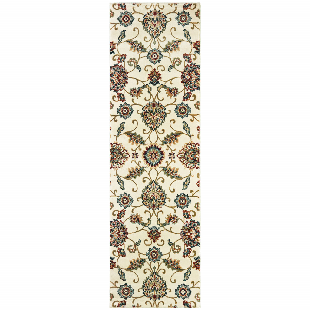 2" X 8" Ivory Floral Power Loom Stain Resistant Runner Rug