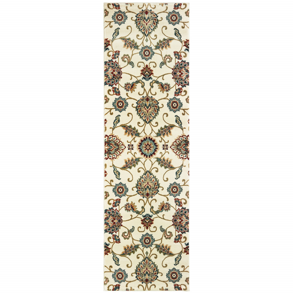 2" X 8" Ivory Floral Power Loom Stain Resistant Runner Rug