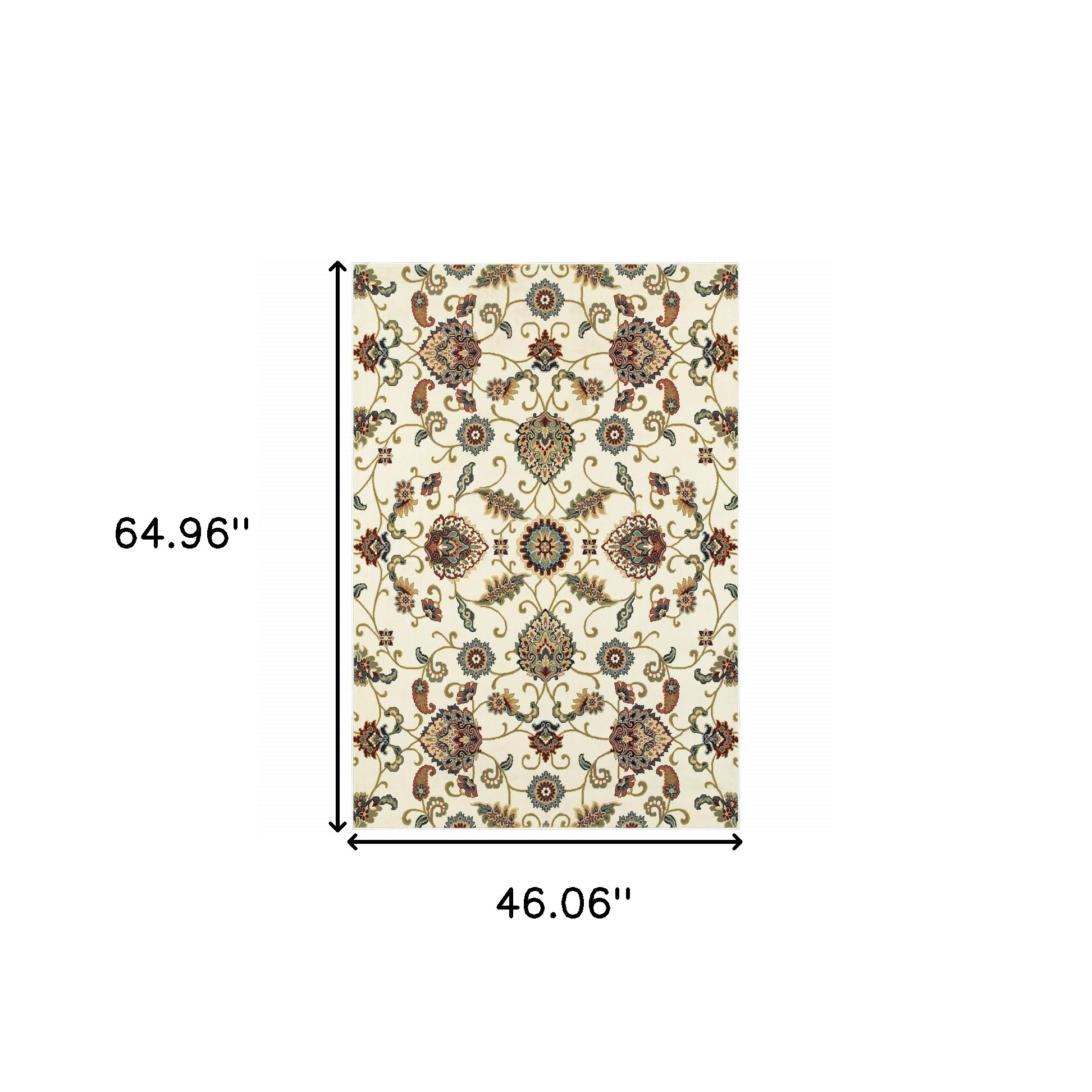 4" X 6" Ivory Green Blue Red Salmon And Yellow Floral Power Loom Stain Resistant Area Rug