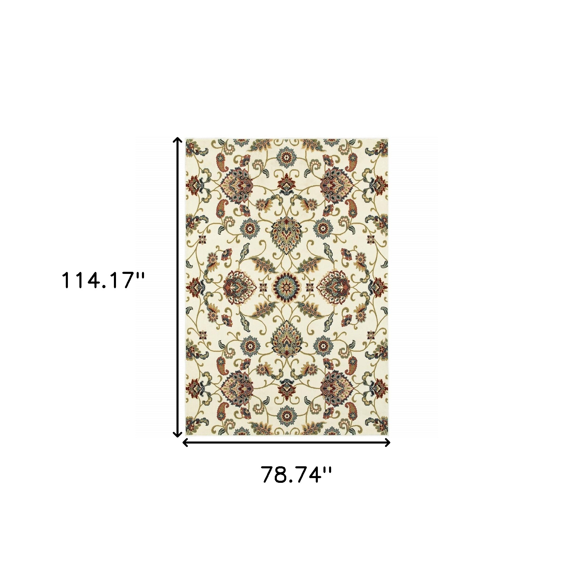 6" X 9" Ivory Green Blue Red Salmon And Yellow Floral Power Loom Stain Resistant Area Rug
