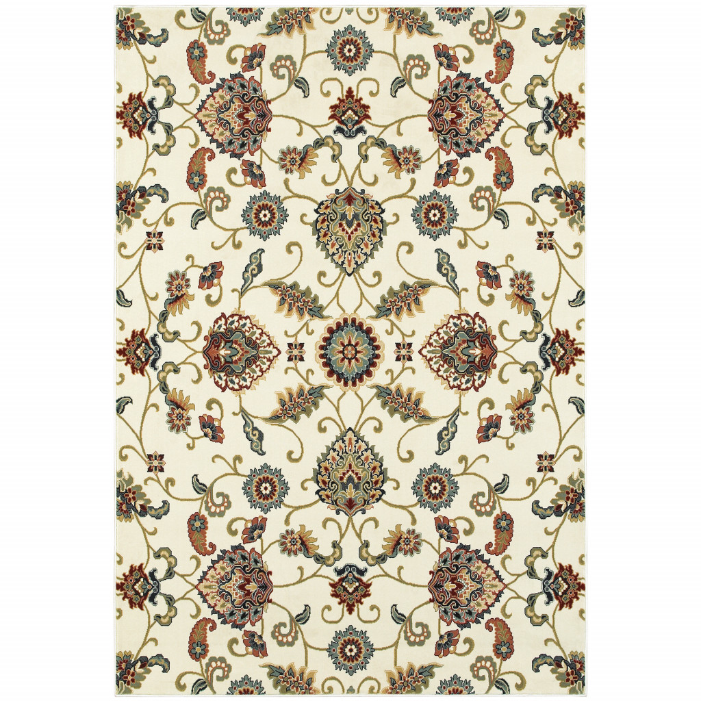 8" X 11" Ivory Green Blue Red Salmon And Yellow Floral Power Loom Stain Resistant Area Rug