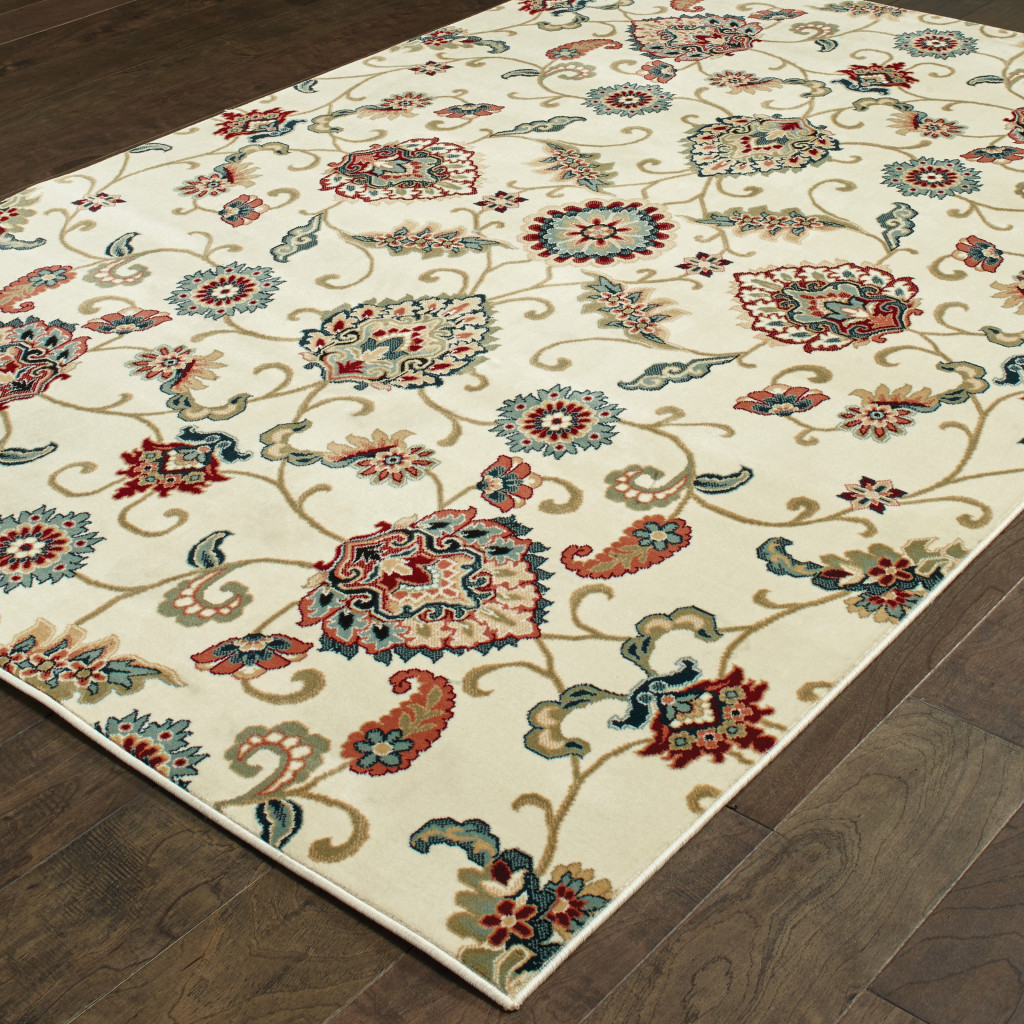 8" X 11" Ivory Green Blue Red Salmon And Yellow Floral Power Loom Stain Resistant Area Rug