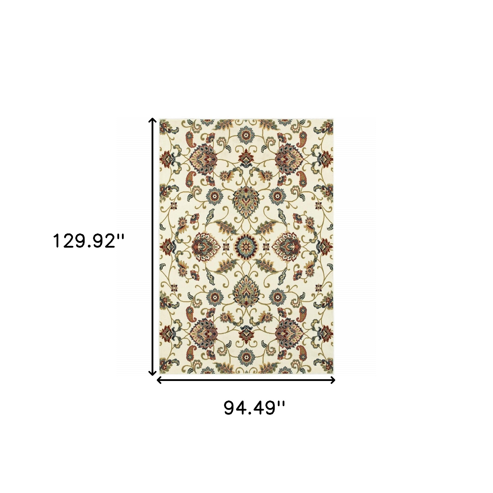 8" X 11" Ivory Green Blue Red Salmon And Yellow Floral Power Loom Stain Resistant Area Rug