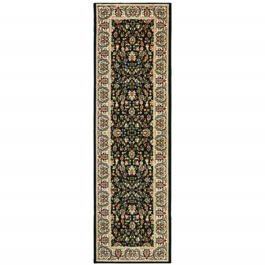 2" X 8" Black And Ivory Oriental Power Loom Stain Resistant Runner Rug