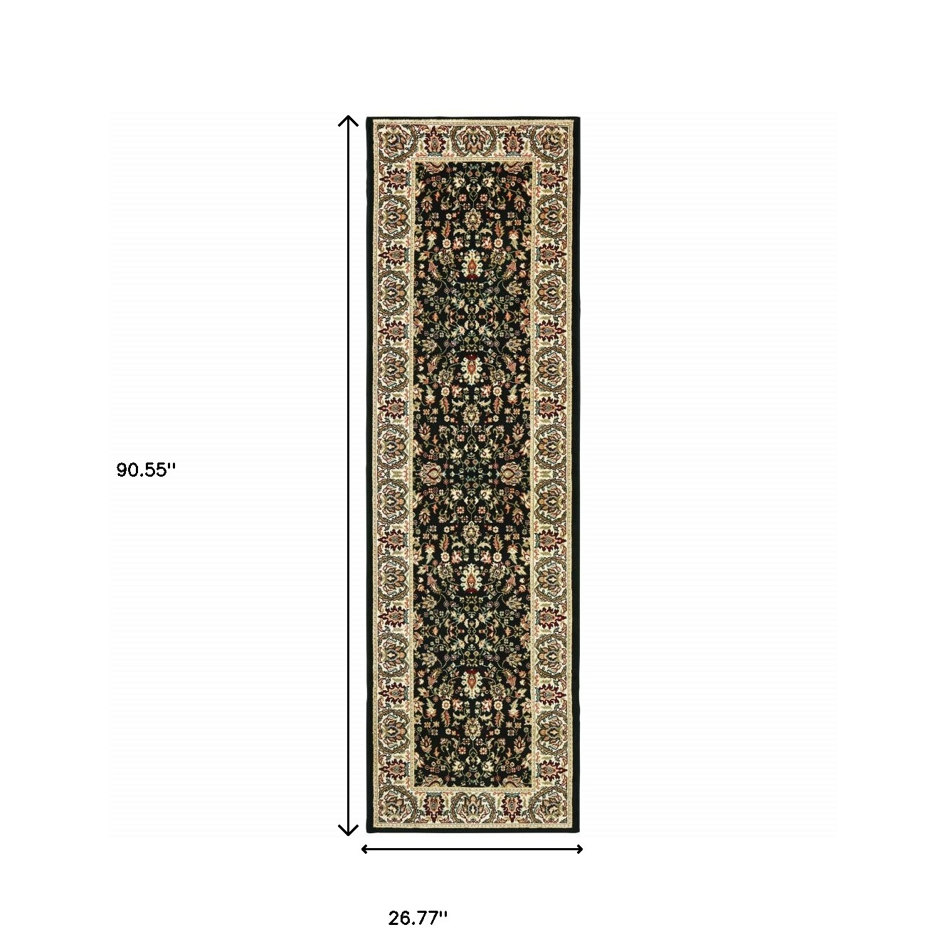 2" X 8" Black And Ivory Oriental Power Loom Stain Resistant Runner Rug