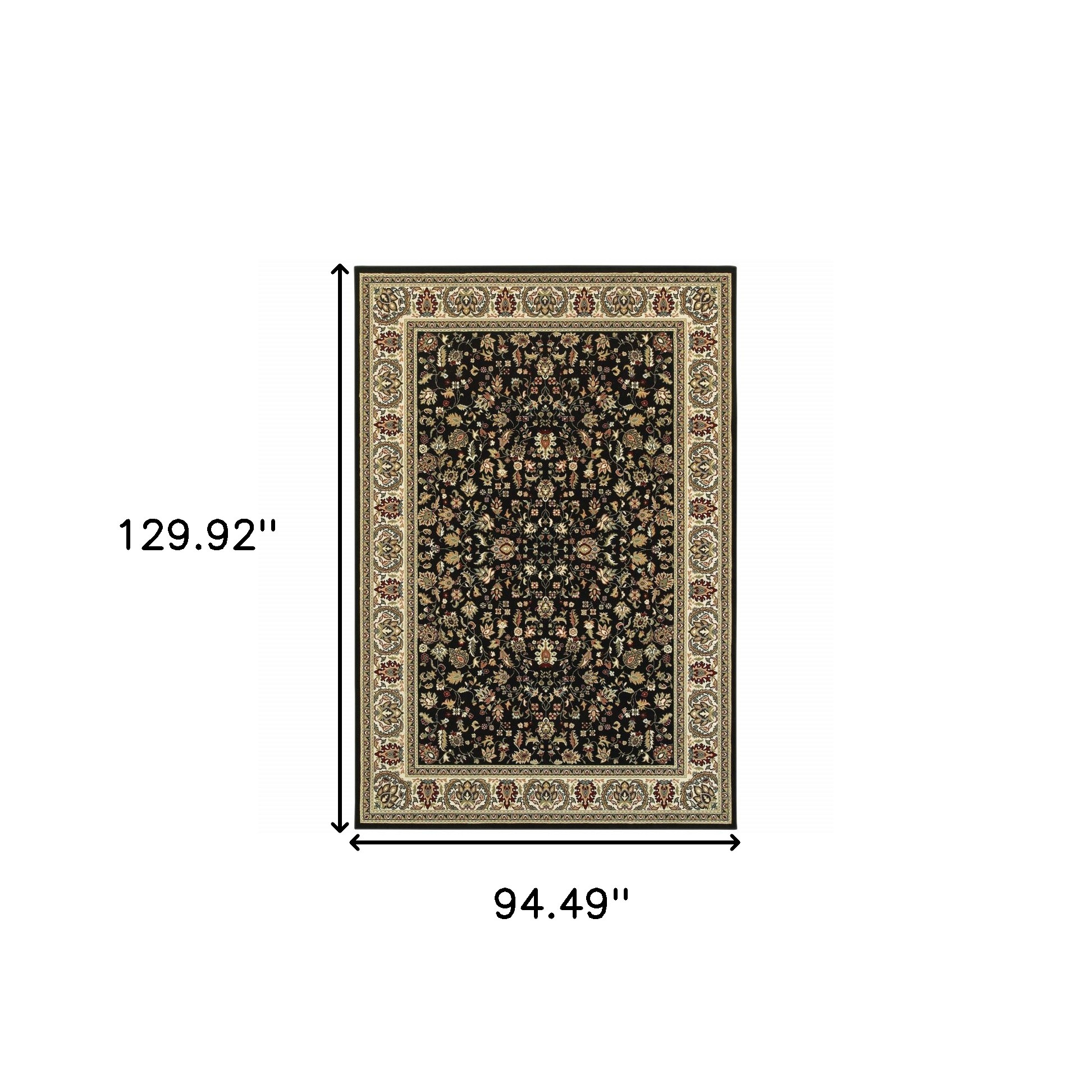 8" X 11" Black And Ivory Oriental Power Loom Stain Resistant Area Rug