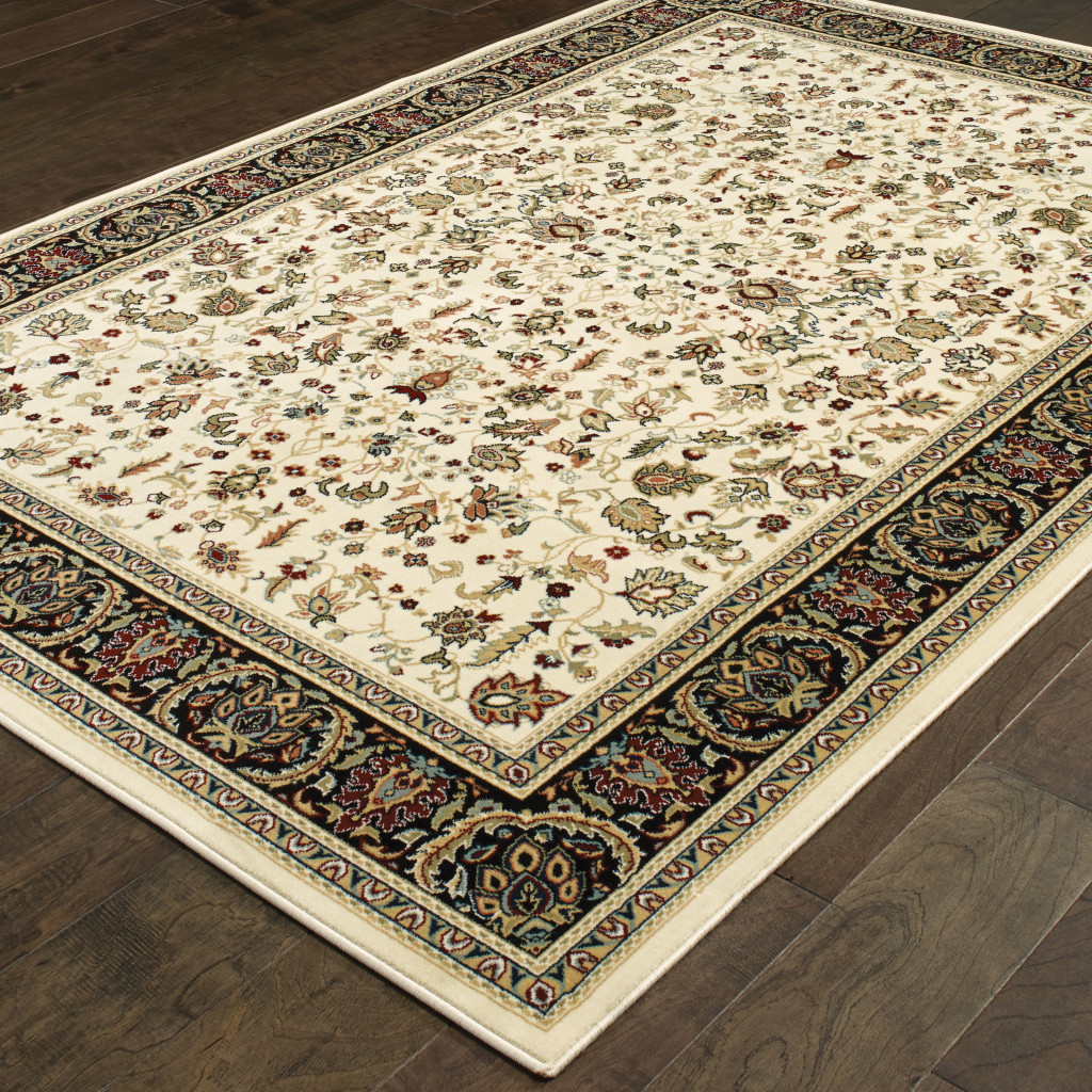 5" X 8" Ivory And Black Oriental Power Loom Stain Resistant Area Rug