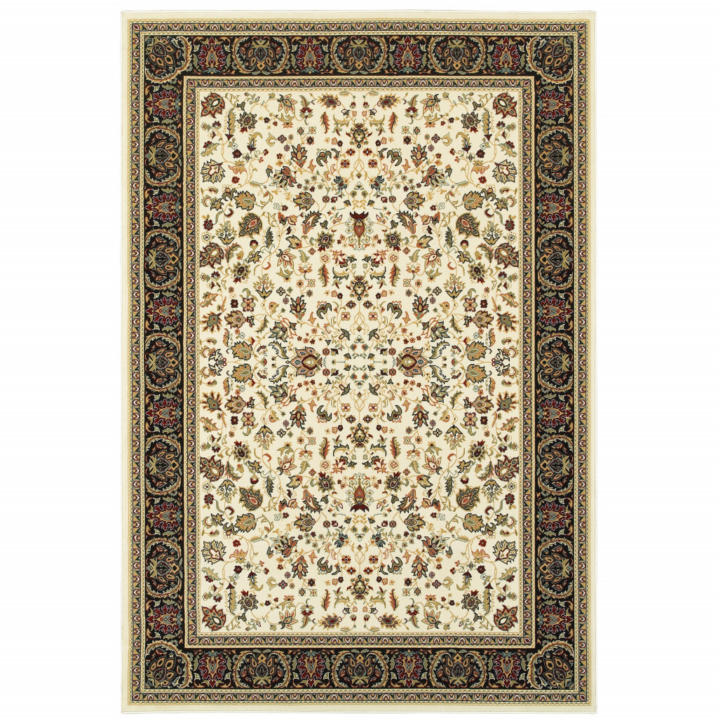 8" X 11" Ivory And Black Oriental Power Loom Stain Resistant Area Rug