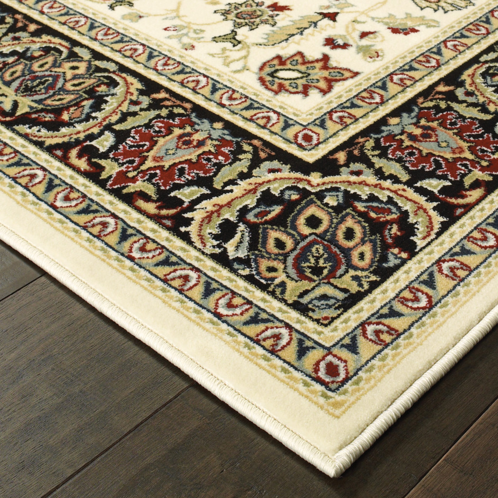 8" X 11" Ivory And Black Oriental Power Loom Stain Resistant Area Rug