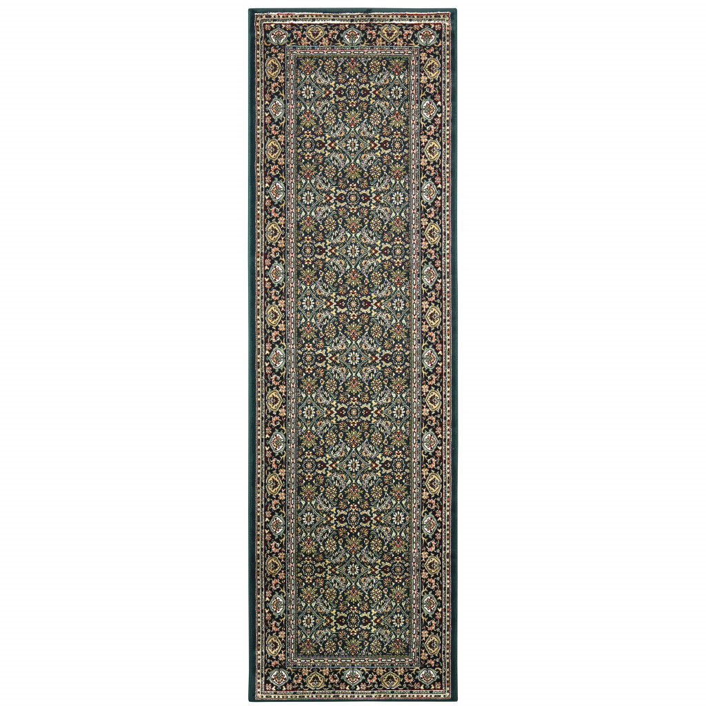 2" X 8" Navy Blue Green Red Ivory And Yellow Oriental Power Loom Stain Resistant Runner Rug
