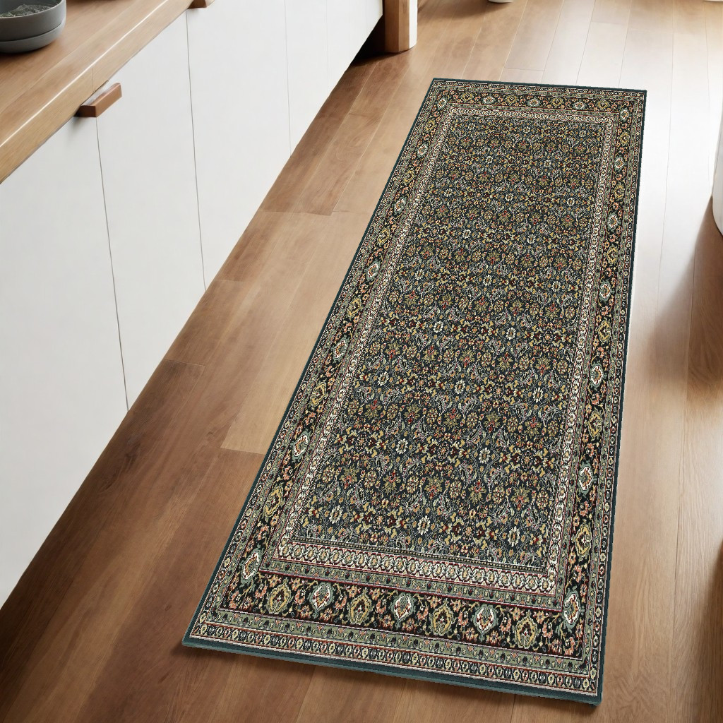 2" X 8" Navy Blue Green Red Ivory And Yellow Oriental Power Loom Stain Resistant Runner Rug
