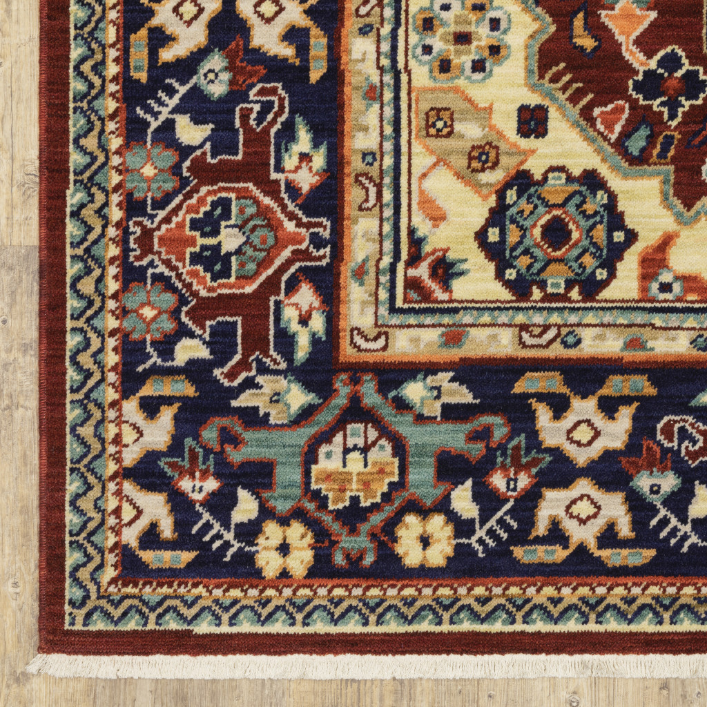 2" X 3" Red Blue Orange And Beige Oriental Power Loom Stain Resistant Area Rug With Fringe