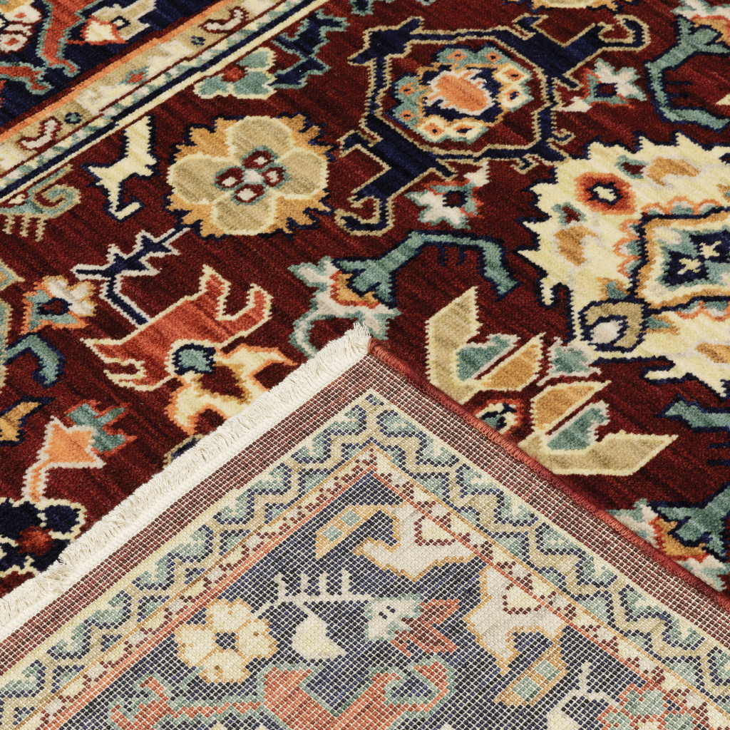2" X 3" Red Blue Orange And Beige Oriental Power Loom Stain Resistant Area Rug With Fringe
