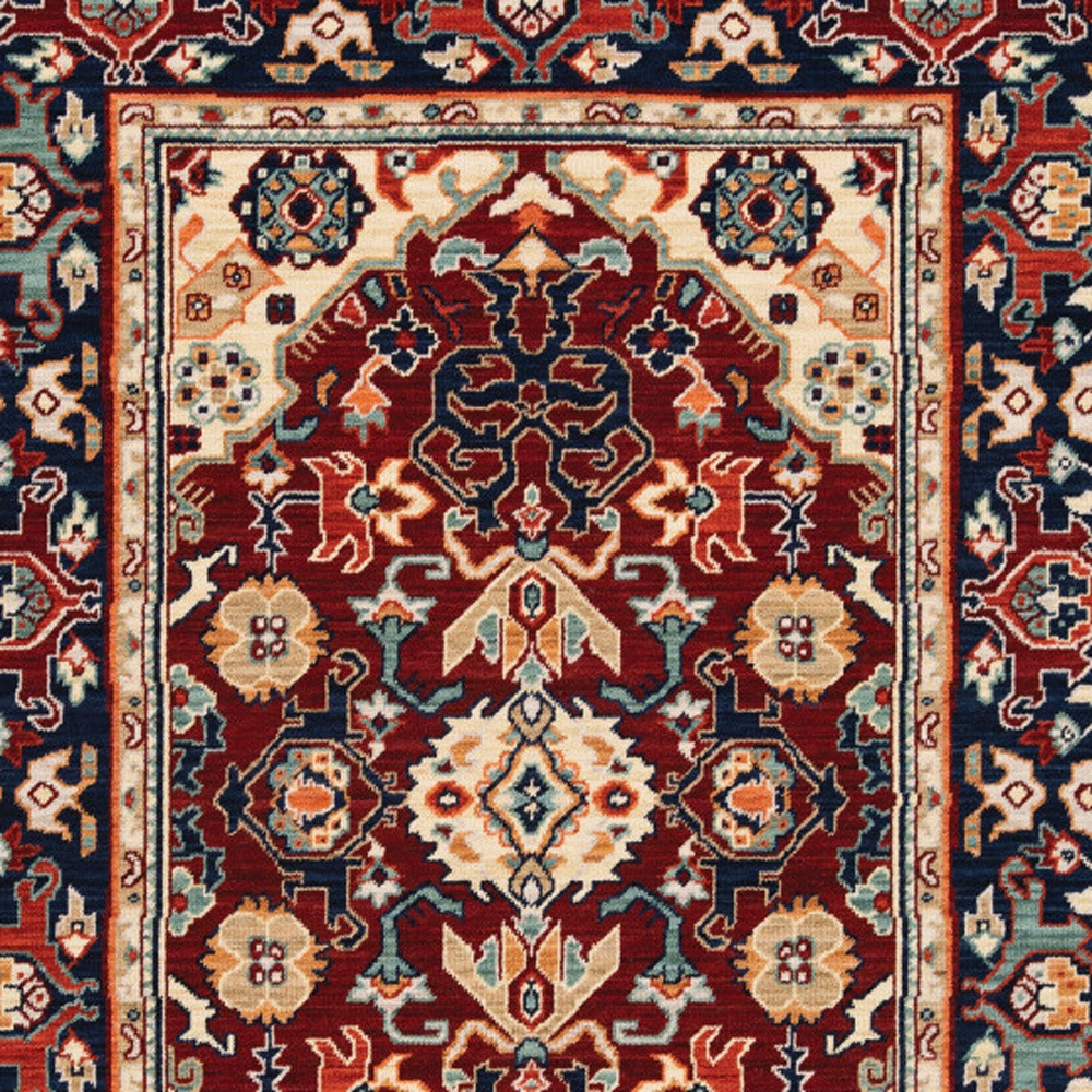 5" X 8" Red Blue Orange And Beige Oriental Power Loom Stain Resistant Area Rug With Fringe