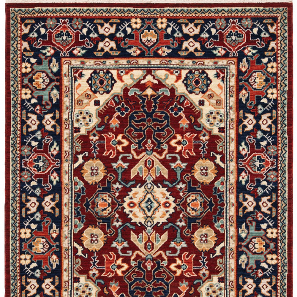5" X 8" Red Blue Orange And Beige Oriental Power Loom Stain Resistant Area Rug With Fringe