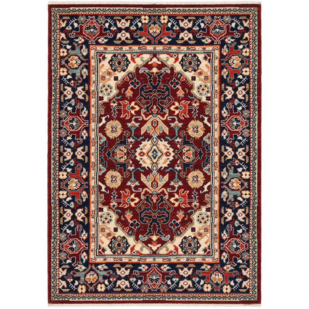 8" X 11" Red Blue Orange And Beige Oriental Power Loom Stain Resistant Area Rug With Fringe