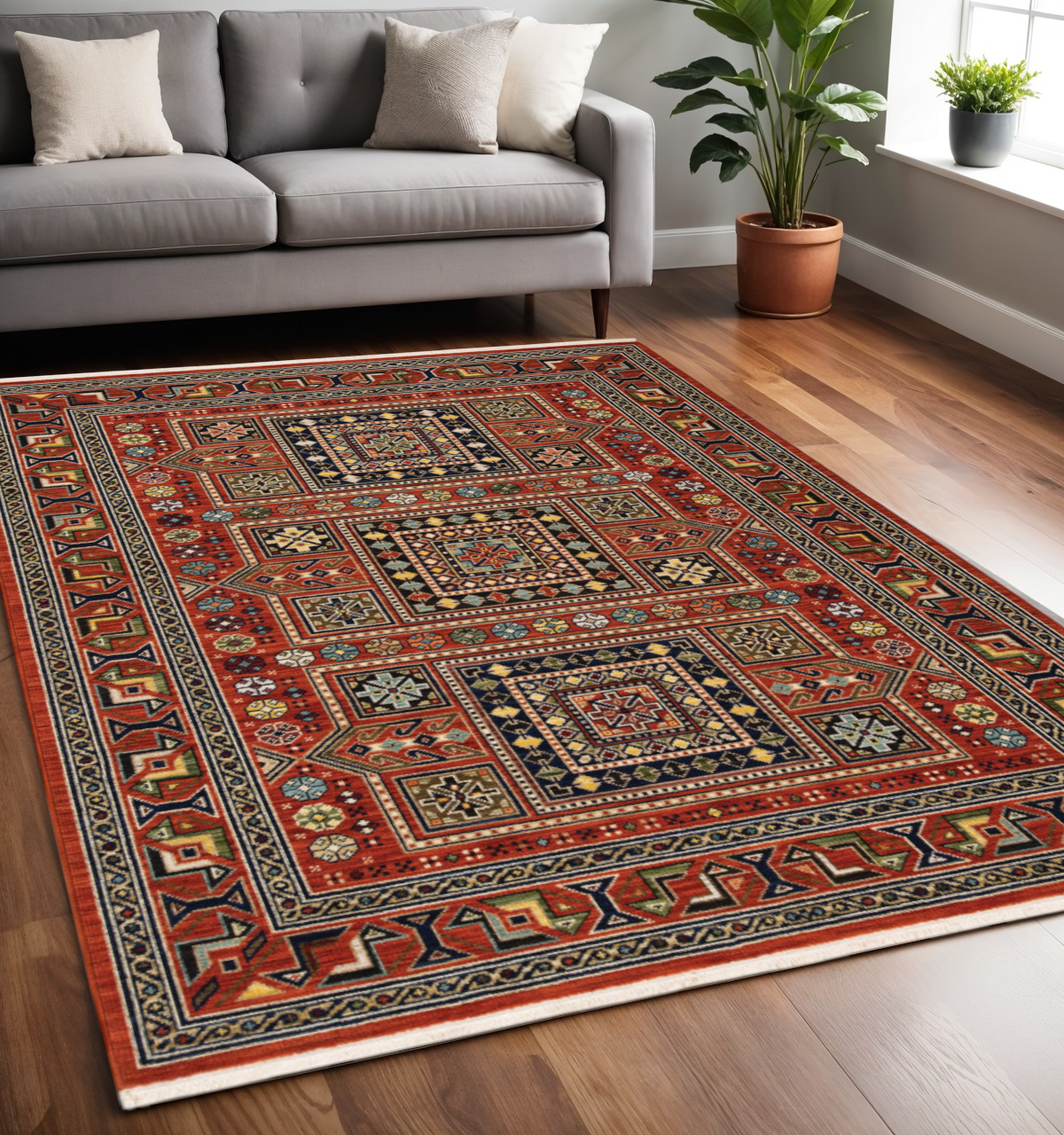 5" X 8" Blue and Red Oriental Power Loom Area Rug With Fringe