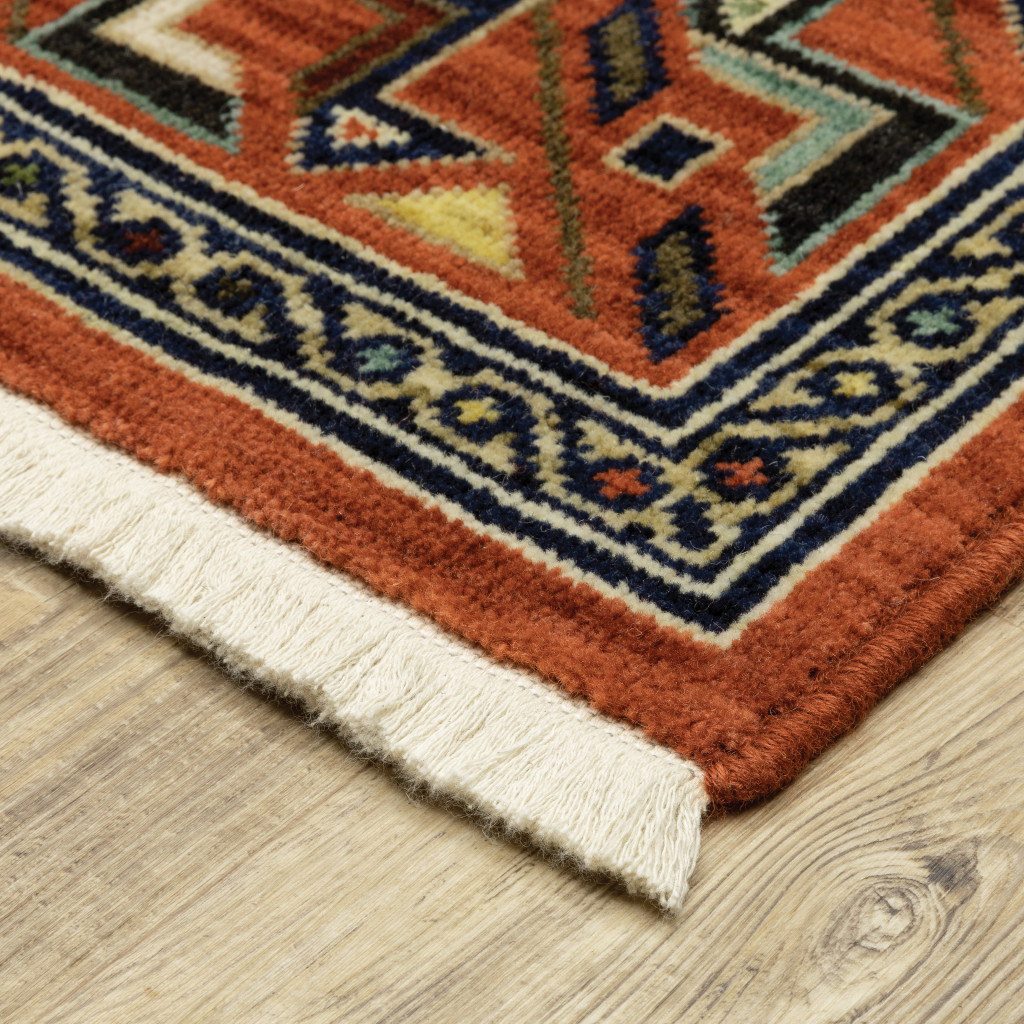 5" X 8" Blue and Red Oriental Power Loom Area Rug With Fringe