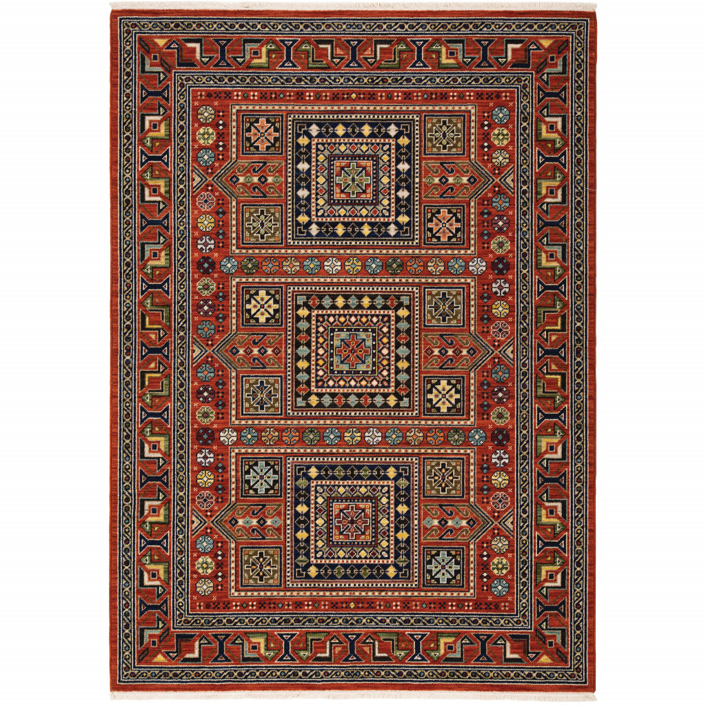 6" X 9" Blue And Red Oriental Power Loom Area Rug With Fringe