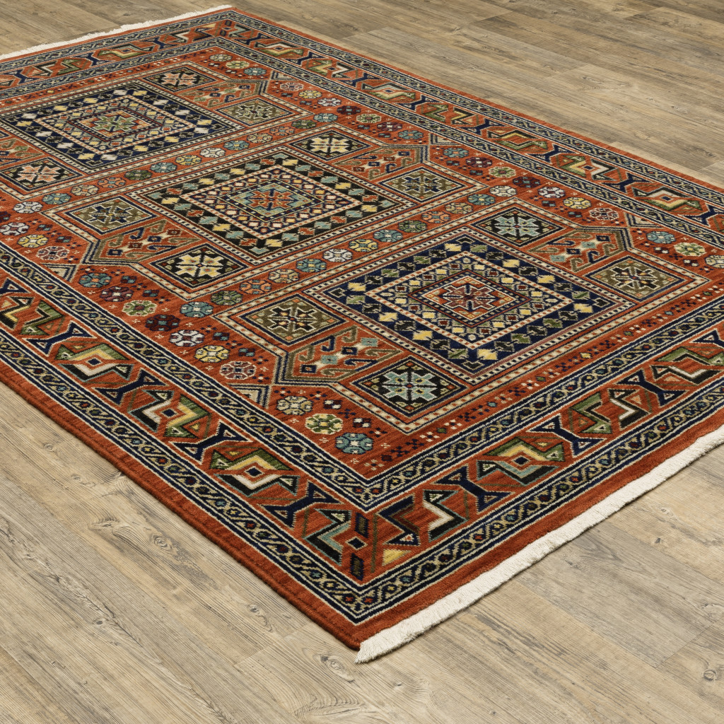 6" X 9" Blue And Red Oriental Power Loom Area Rug With Fringe