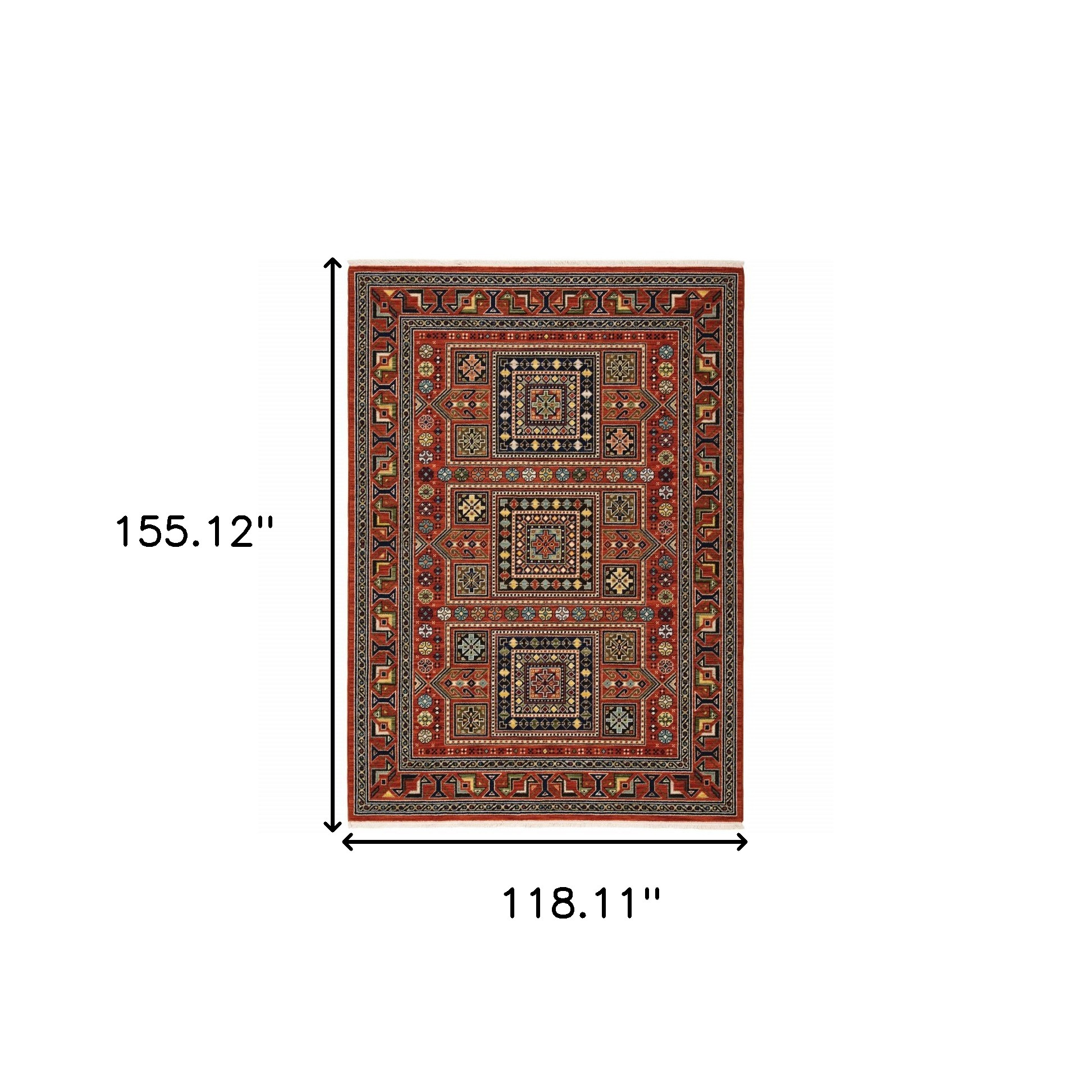 10" X 13" Blue and Red Oriental Power Loom Area Rug With Fringe