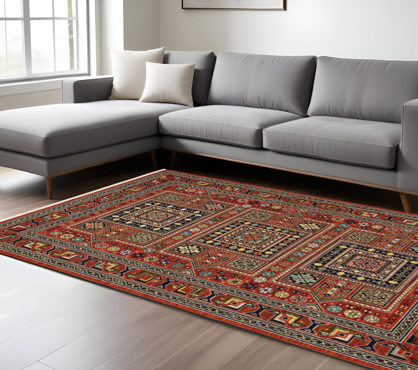 10" X 13" Blue and Red Oriental Power Loom Area Rug With Fringe