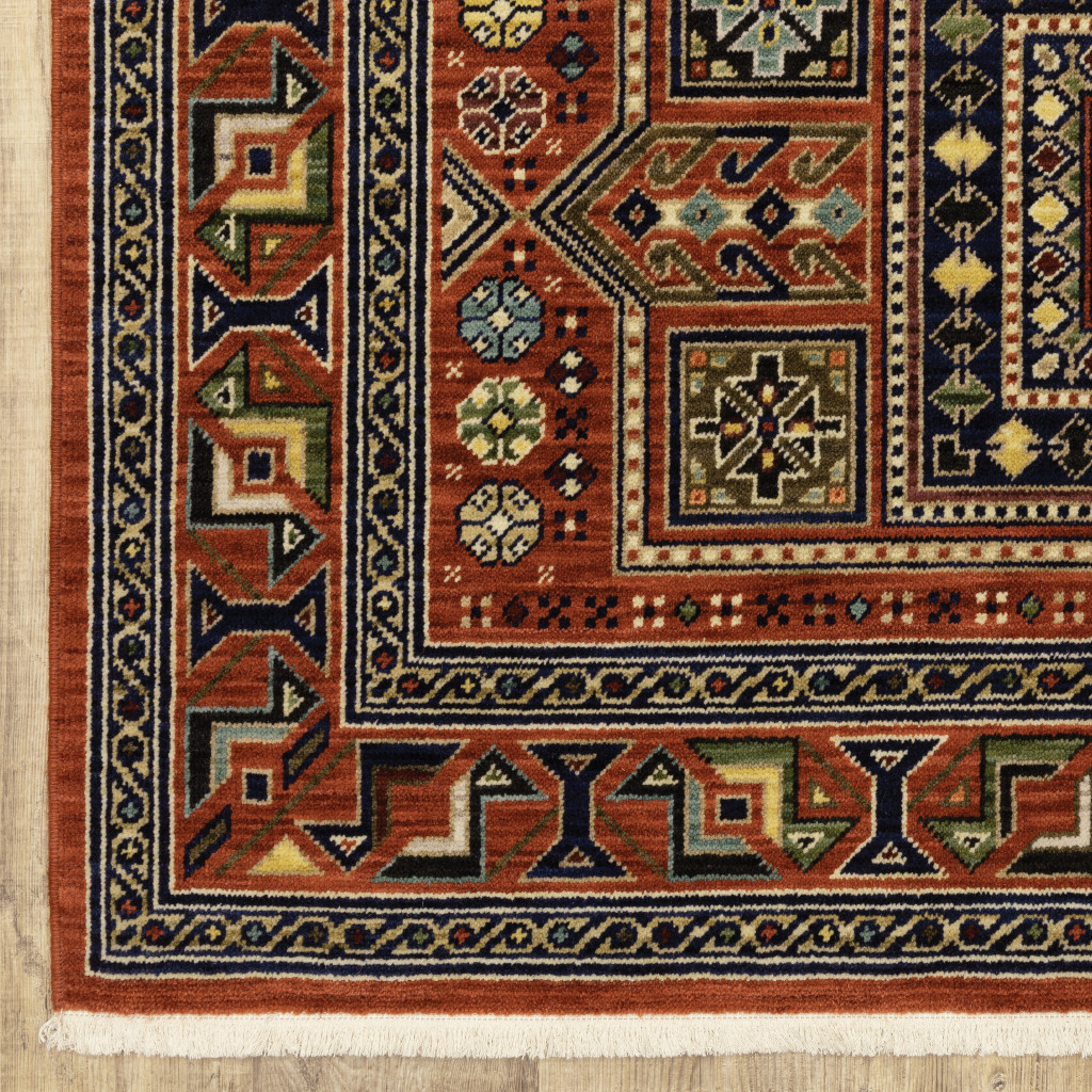10" X 13" Blue and Red Oriental Power Loom Area Rug With Fringe