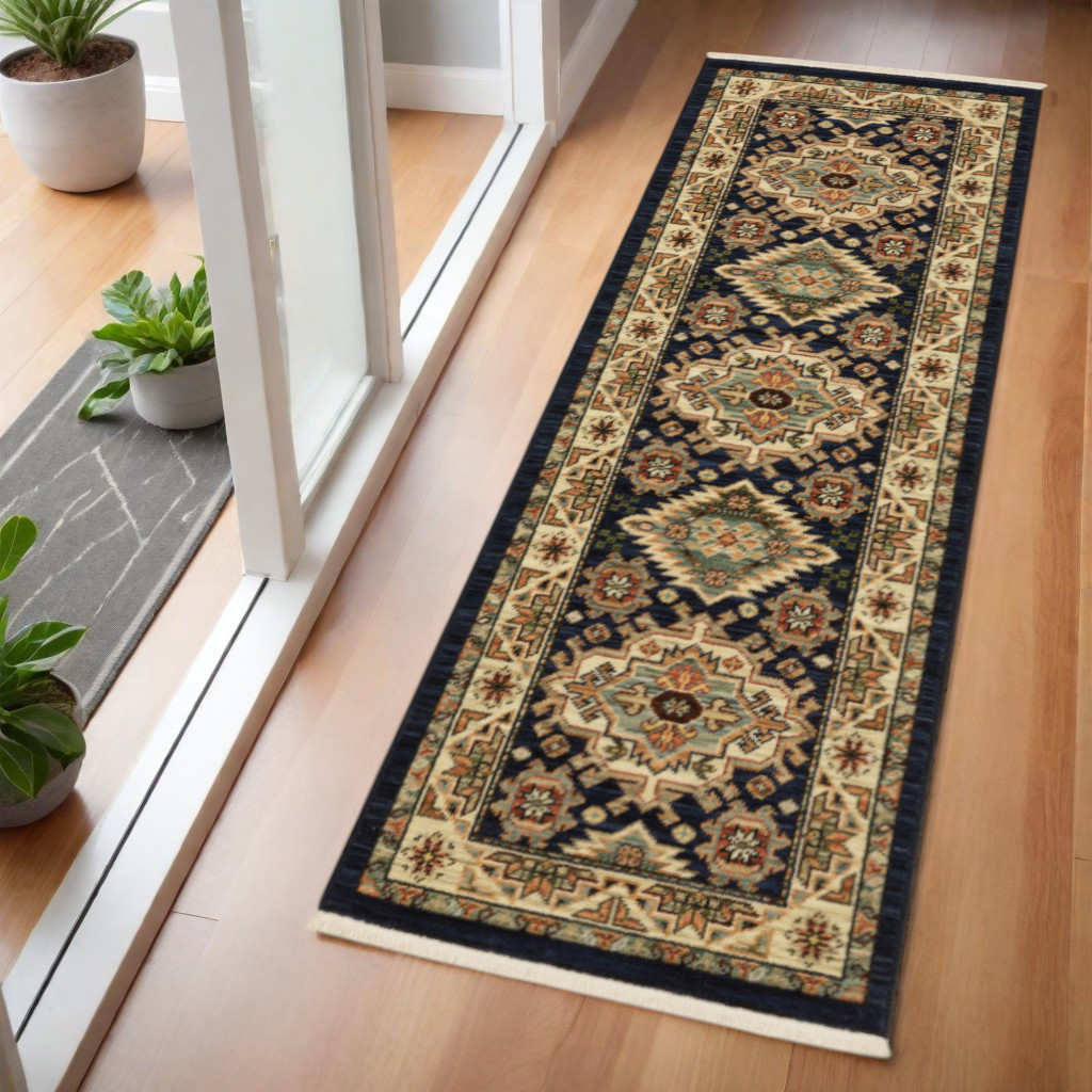 6' Blue and Beige Oriental Power Loom Runner Rug-509234-1
