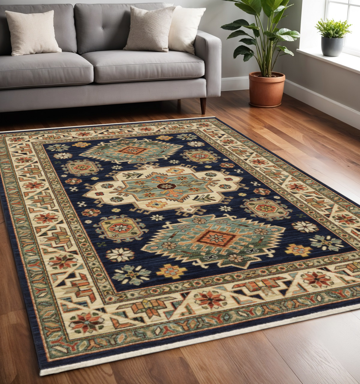5' X 8' Blue and Beige Oriental Power Loom Area Rug With Fringe-509236-1