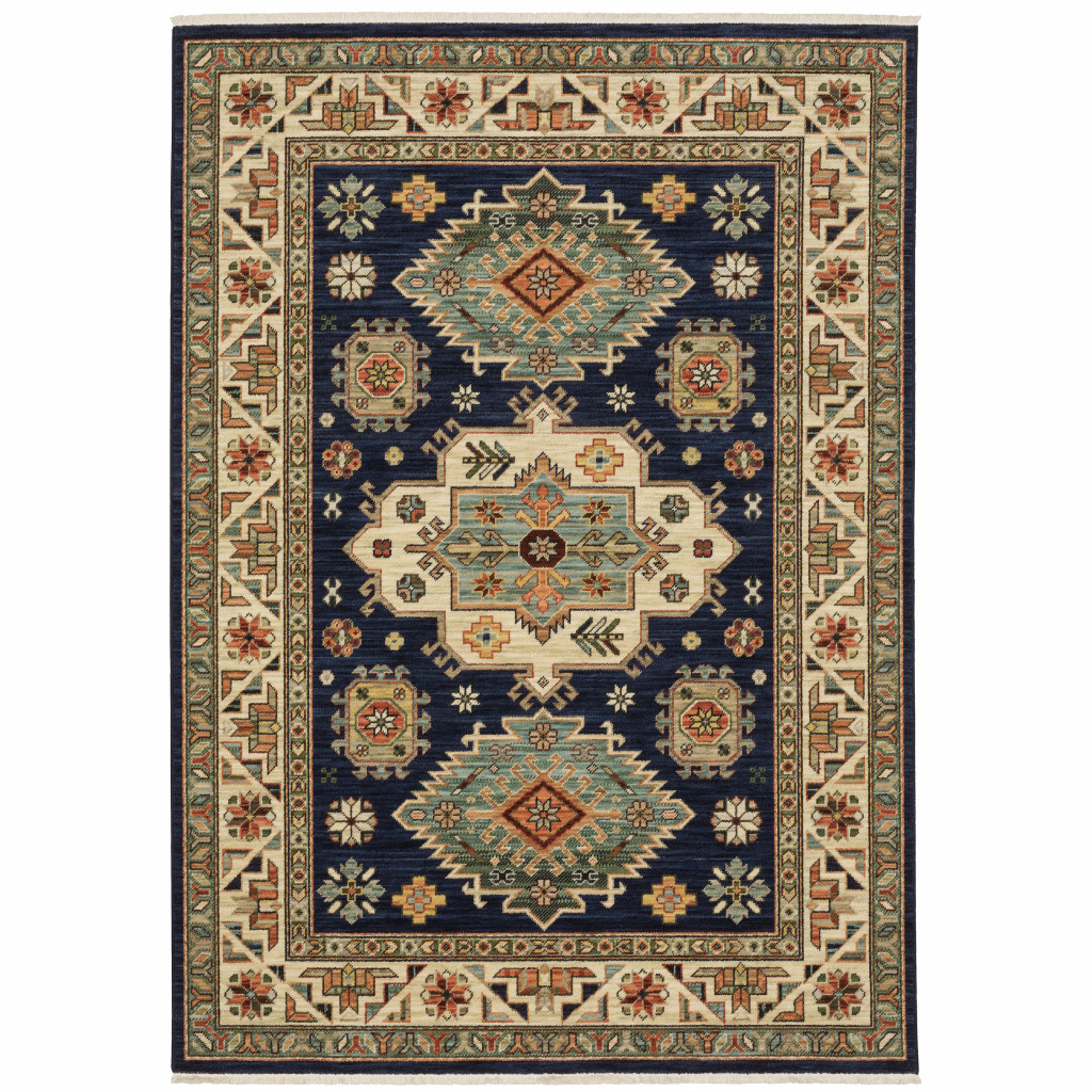 6' X 9' Navy Charcoal Orange Rust Gold Pale Blue Olive Beige And Salmon Oriental Power Loom Stain Resistant Area Rug With Fringe-509237-1