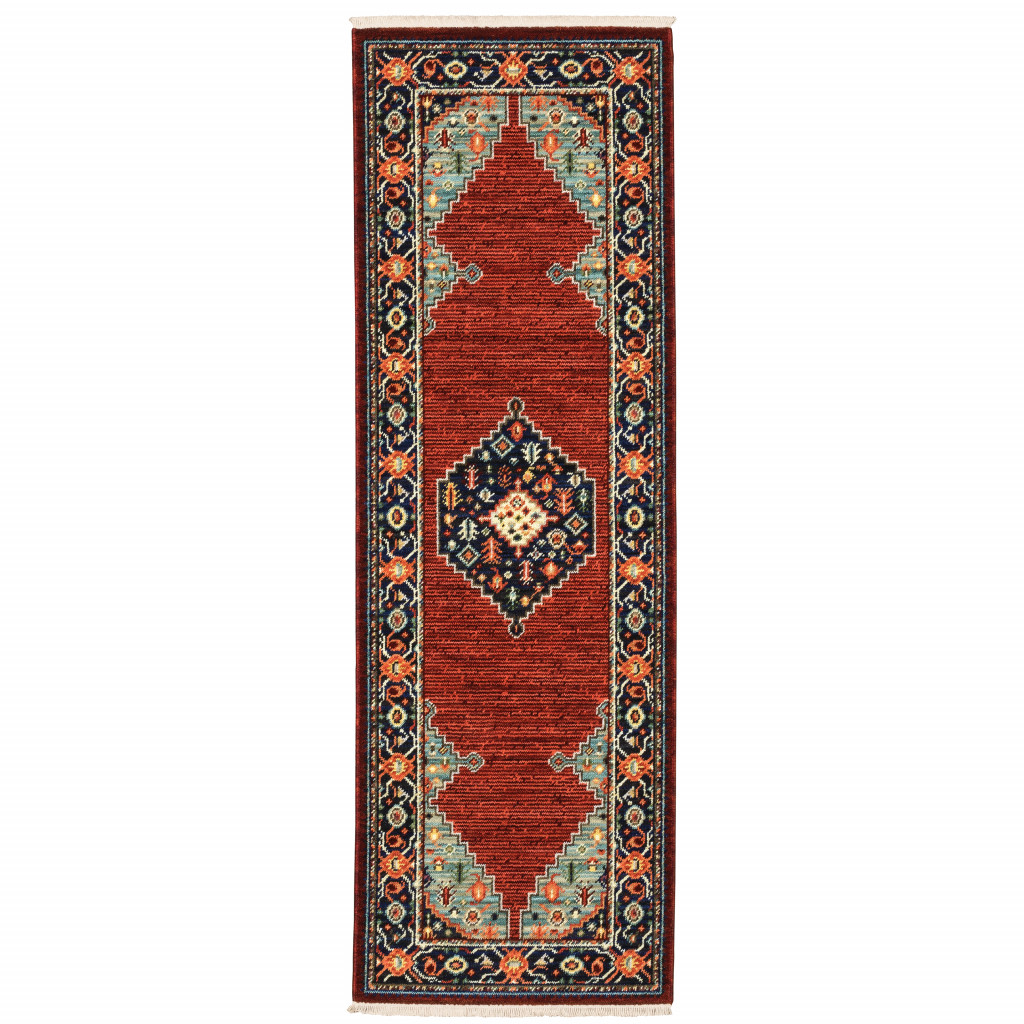 6" Blue and Red Medallion Power Loom Runner Rug