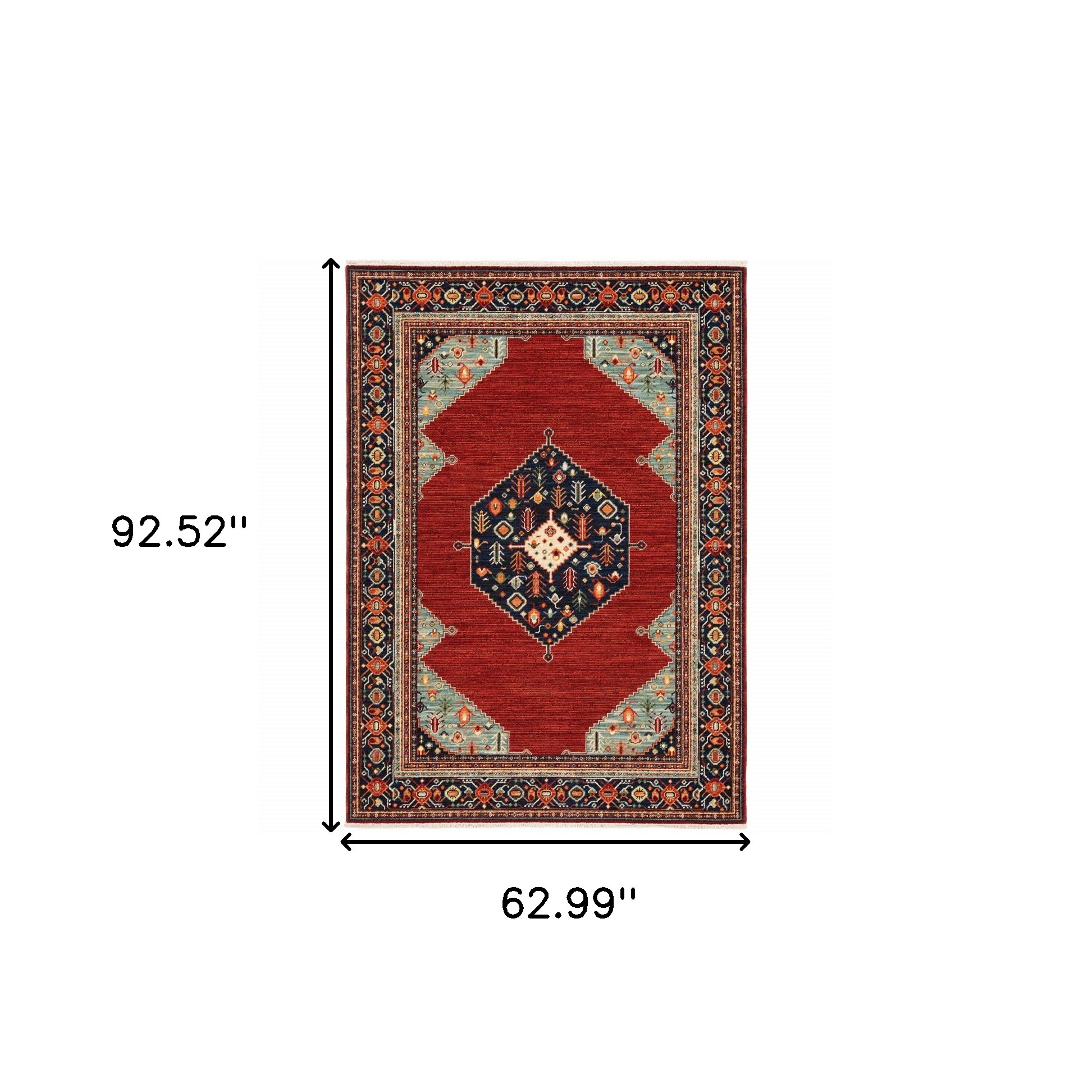 5" X 8" Blue and Red Oriental Power Loom Area Rug With Fringe