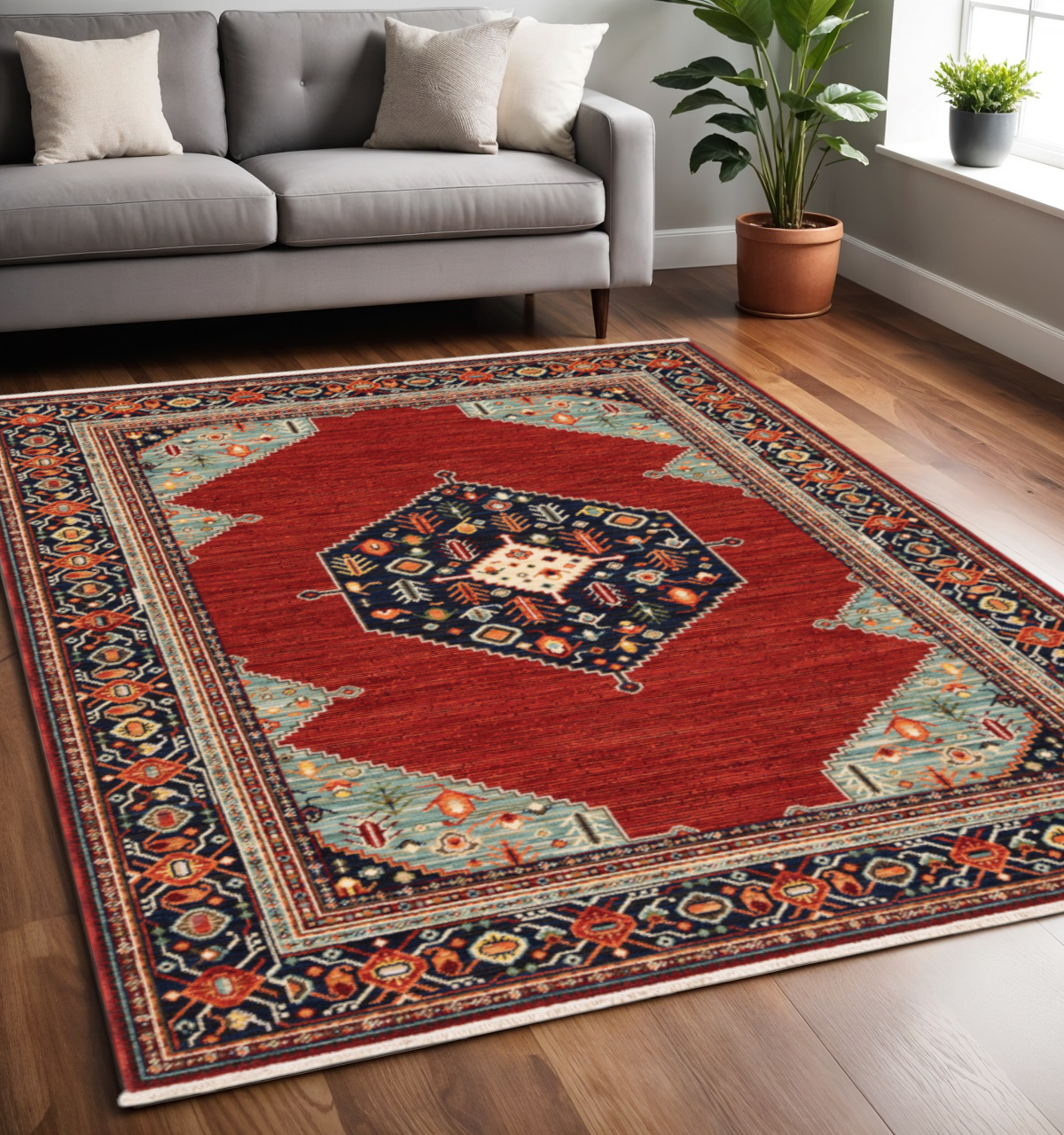 5" X 8" Blue and Red Oriental Power Loom Area Rug With Fringe