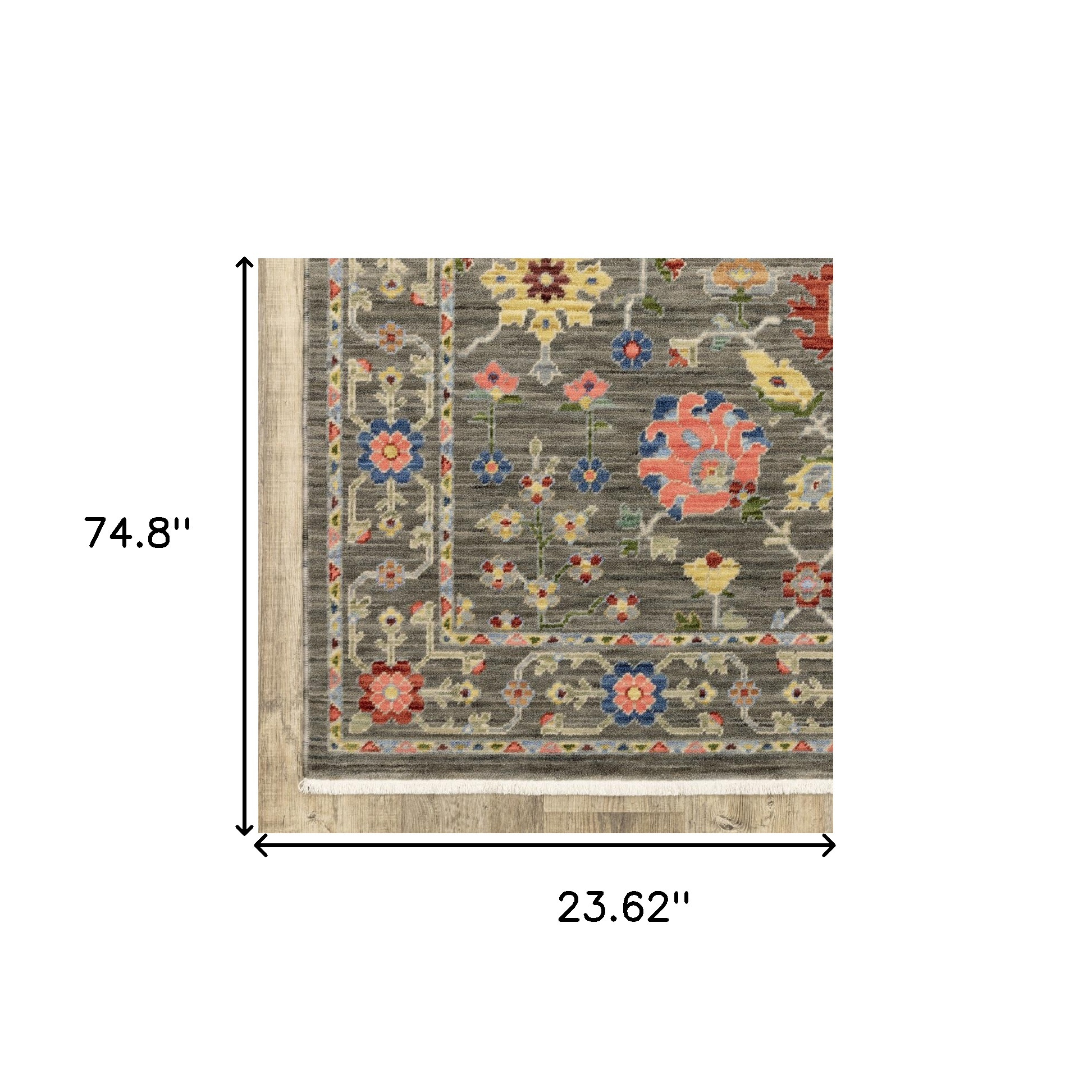 2" X 6" Grey Salmon Pink Gold Blue Rust Deep Blue Ivory And Green Oriental Power Loom Stain Resistant Runner Rug With Fringe