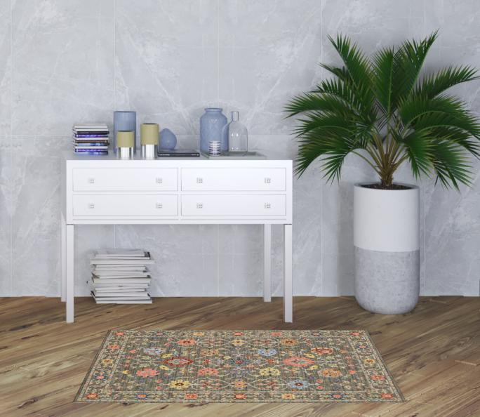 3" X 5" Grey Salmon Pink Gold Blue Rust Deep Blue Ivory And Green Oriental Power Loom Stain Resistant Area Rug With Fringe