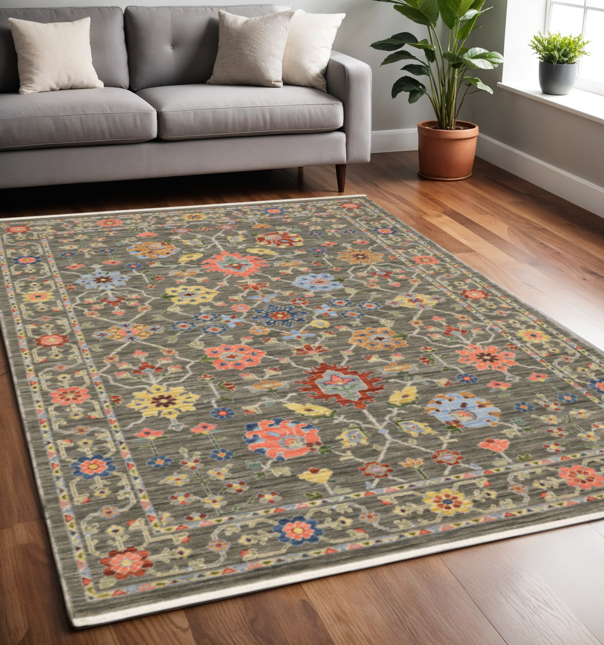 5" X 8" Blue and Gray Oriental Power Loom Area Rug With Fringe