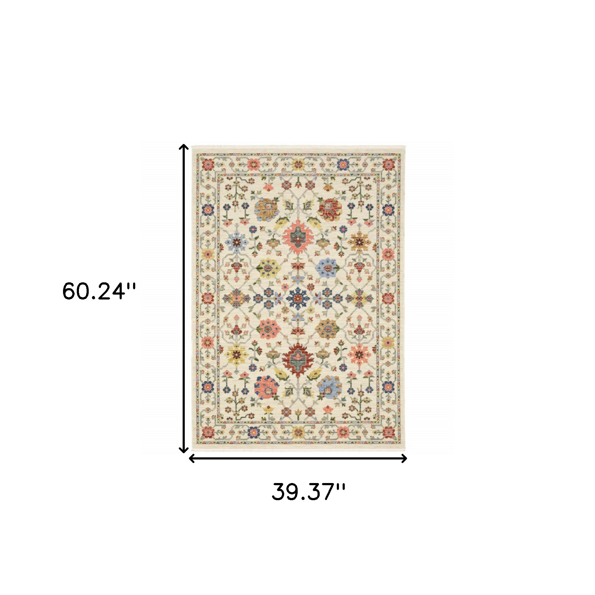 3" X 5" Ivory Salmon Pink Gold Blues Grey Rust And Green Oriental Power Loom Stain Resistant Area Rug With Fringe