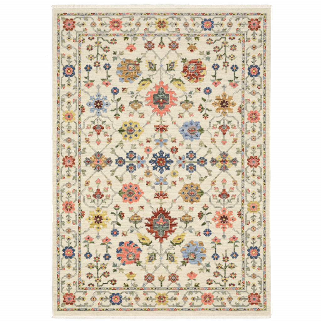 5" X 8" Ivory and Blue Oriental Power Loom Area Rug With Fringe