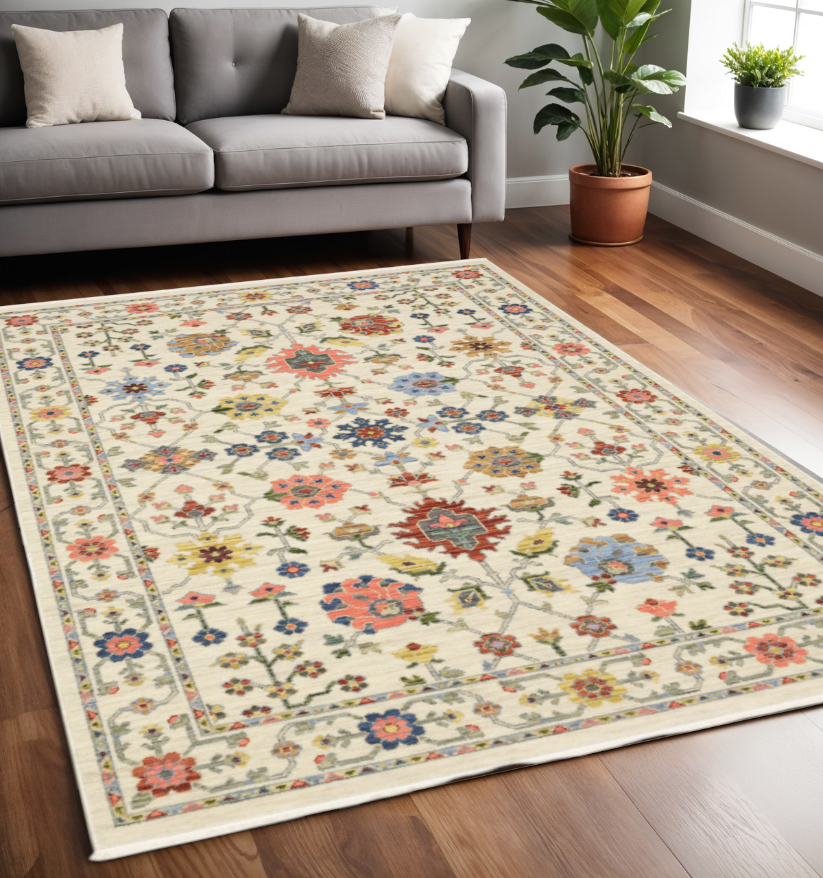 5" X 8" Ivory and Blue Oriental Power Loom Area Rug With Fringe