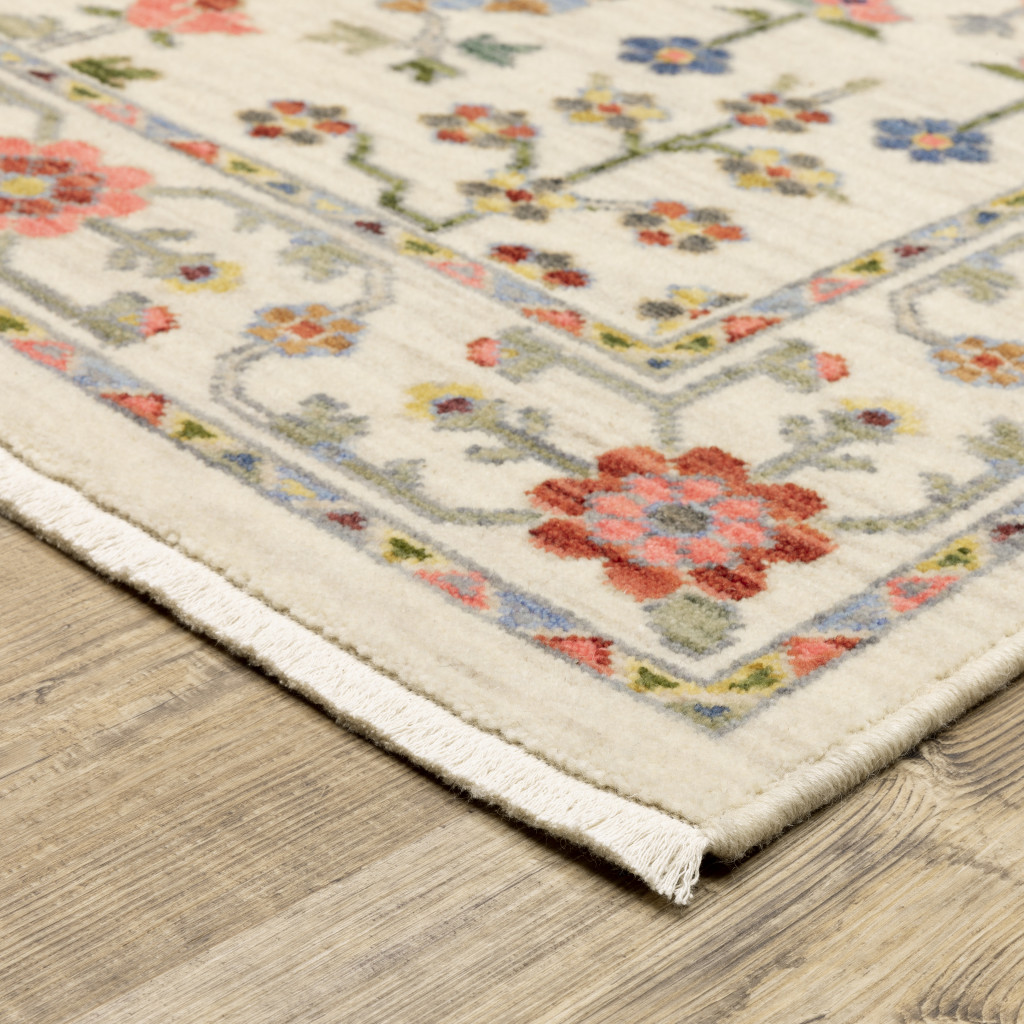 5" X 8" Ivory and Blue Oriental Power Loom Area Rug With Fringe