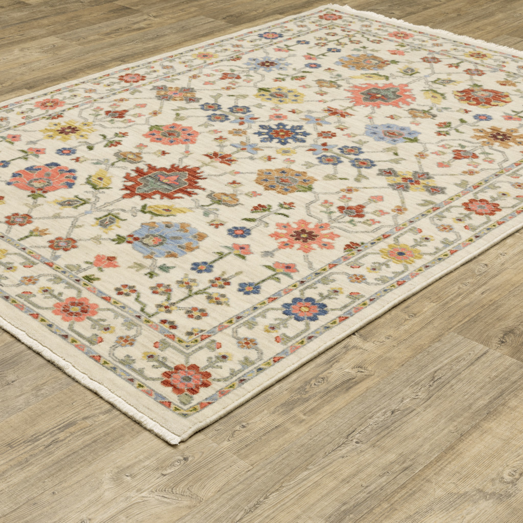 5" X 8" Ivory and Blue Oriental Power Loom Area Rug With Fringe