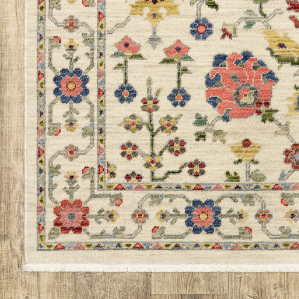 5" X 8" Ivory and Blue Oriental Power Loom Area Rug With Fringe
