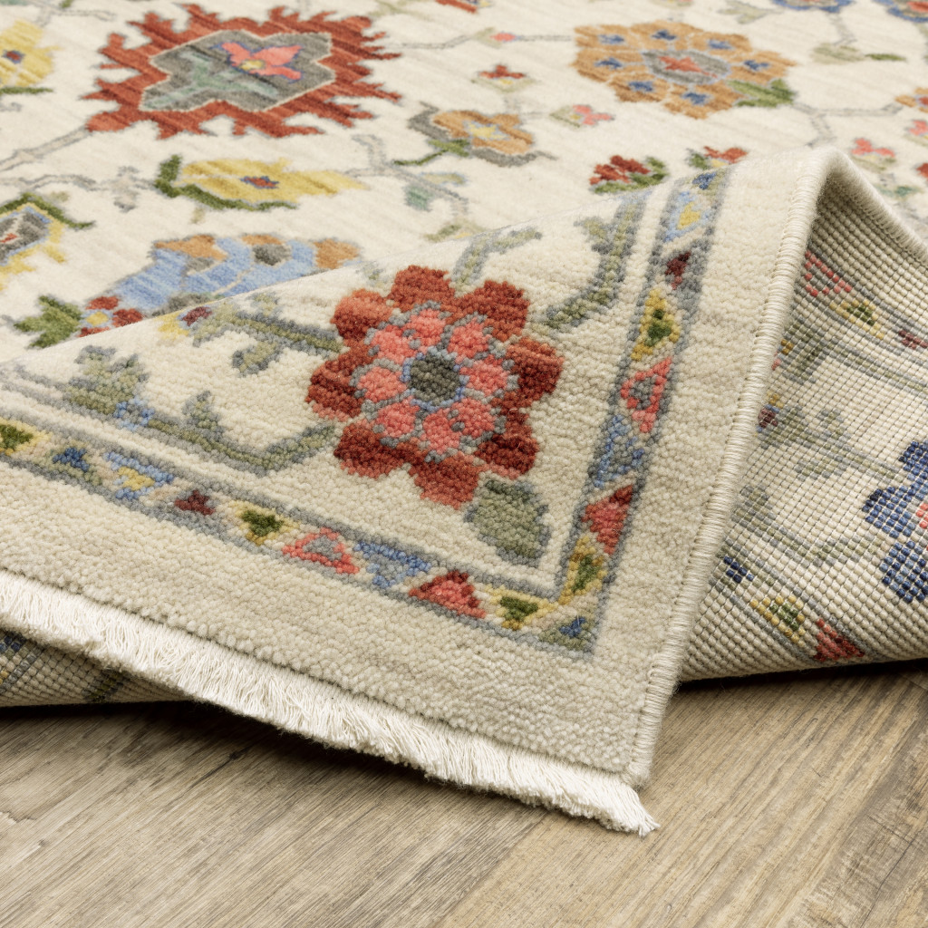 5" X 8" Ivory and Blue Oriental Power Loom Area Rug With Fringe