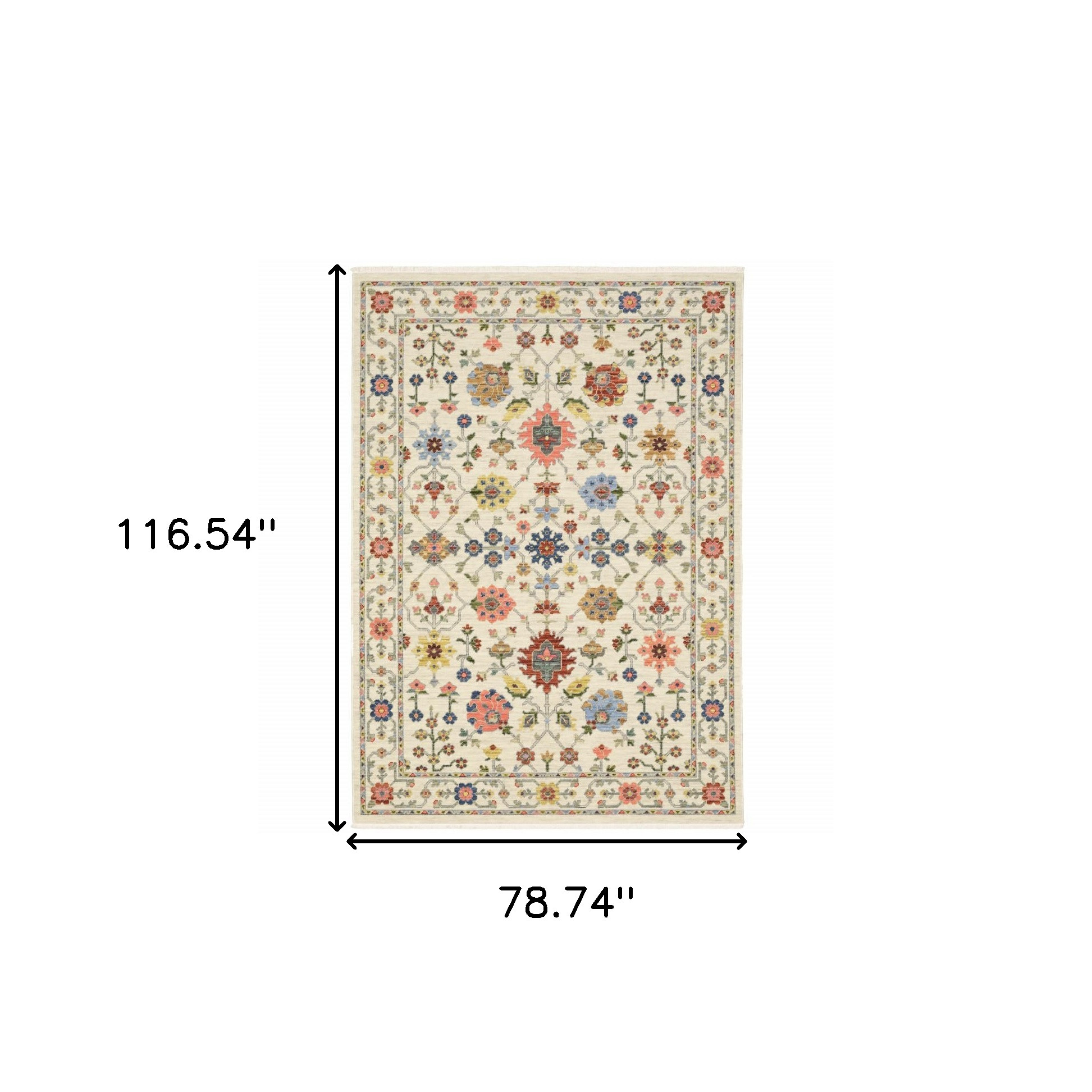 6" X 9" Ivory Salmon Pink Gold Blues Grey Rust And Green Oriental Power Loom Stain Resistant Area Rug With Fringe